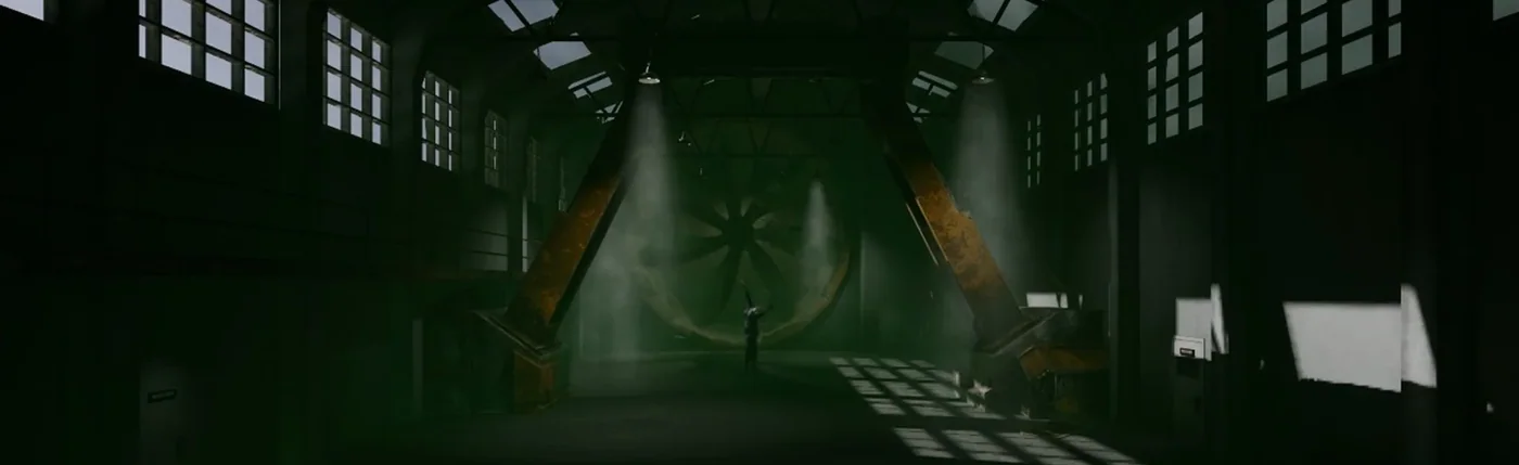 Interior de la fabrica de Contrapasso en Unreal Engine, con estructura industrial oxidada y luz entrando por los ventanales
