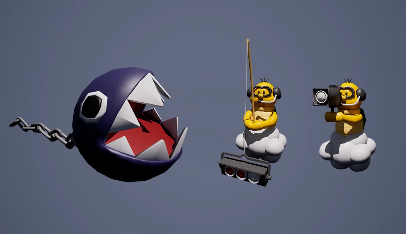 Modelado 3D de un Chain Chomp y dos Lakitus, uno con cana de pescar y otro con camara