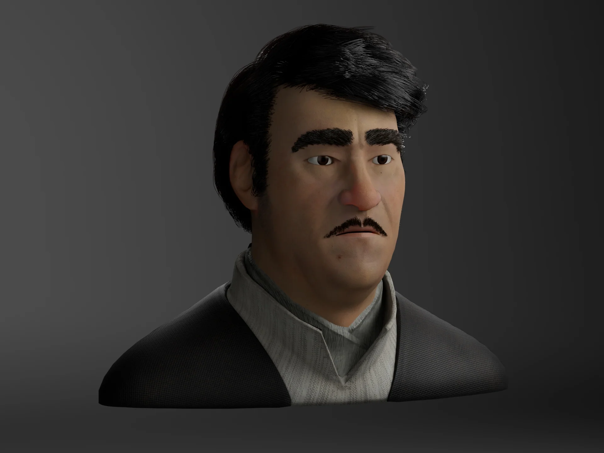 Retrato 3D estilizado de Shanyun, personaje inspirado en Dishonored, con el cabello realizado con fibermesh en Maya