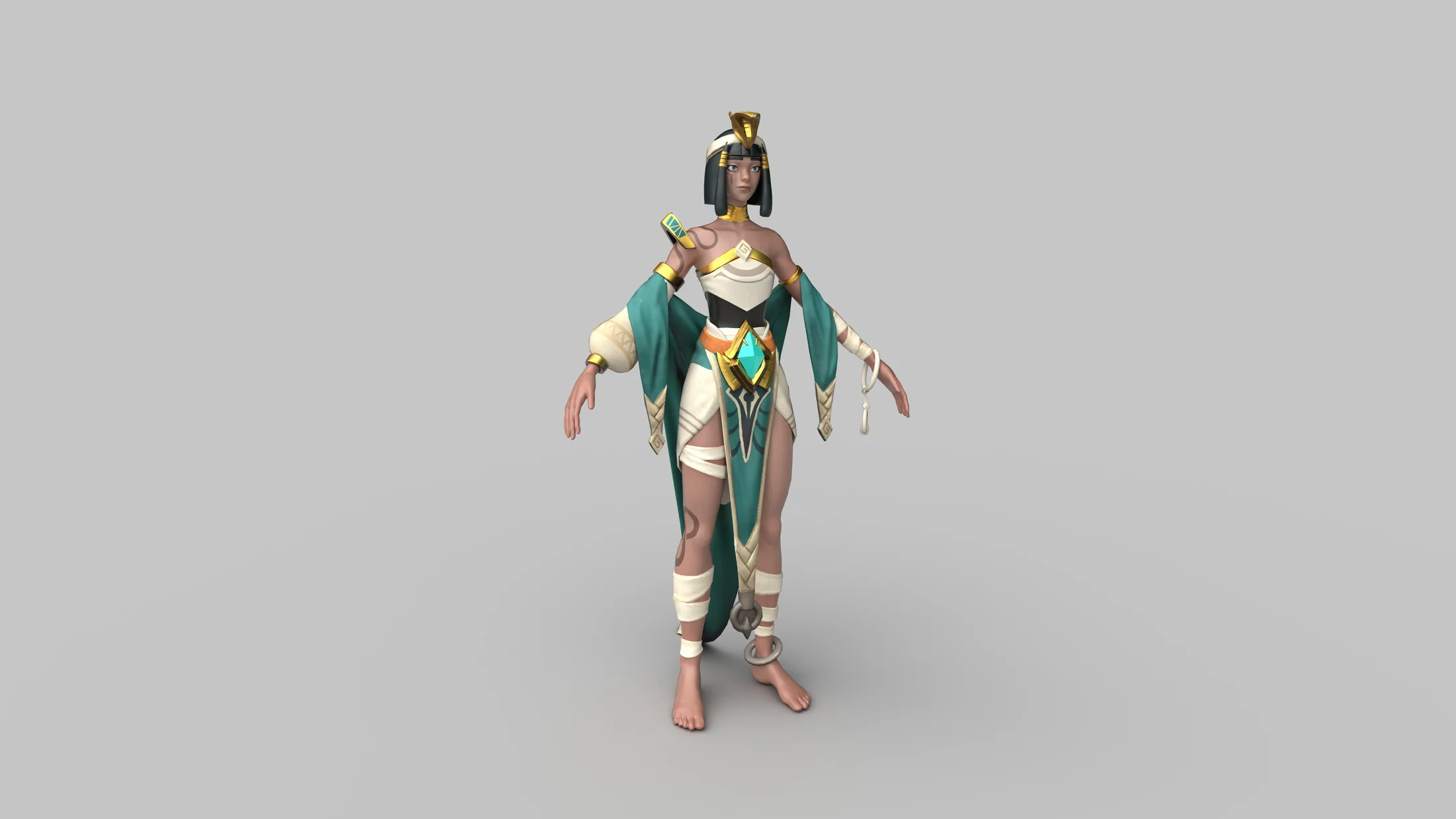 Modelado 3D final de Cleopatra con tocado dorado, armadura egipcia y capa turquesa, inspirado en un concept art de Art Station