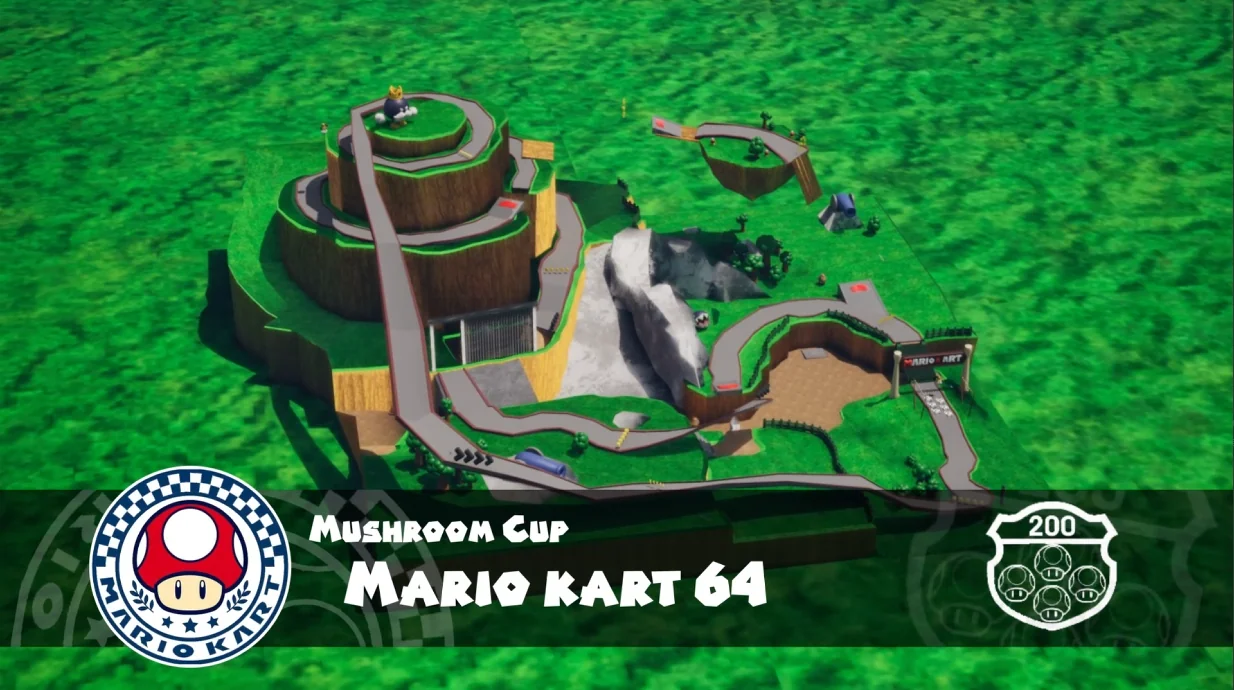 Vista aerea del circuito en espiral de Mario Kart 64, con la interfaz del juego original superpuesta