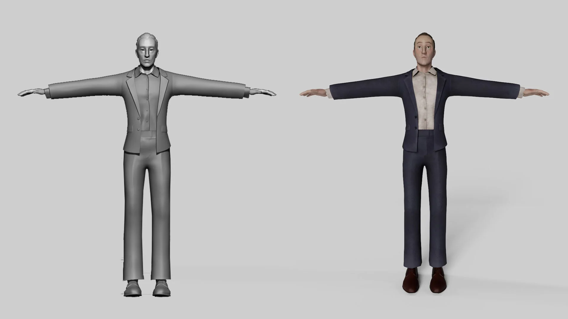 Modelado 3D del detective protagonista de Contrapasso en pose de T, con traje y camisa, de la escultura base a la version texturizada