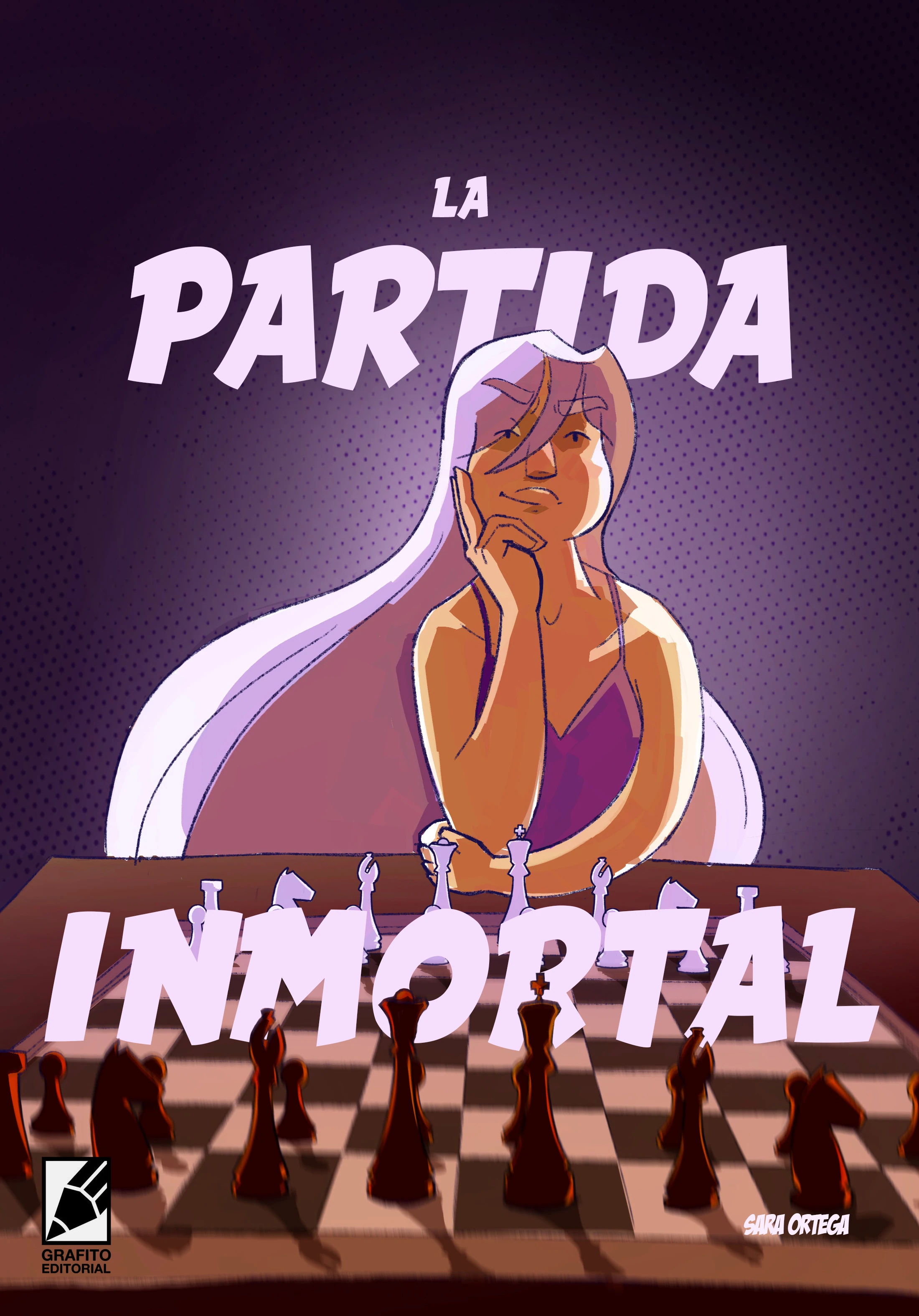 Portada del comic La partida inmortal, con la protagonista pensativa frente a un tablero de ajedrez
