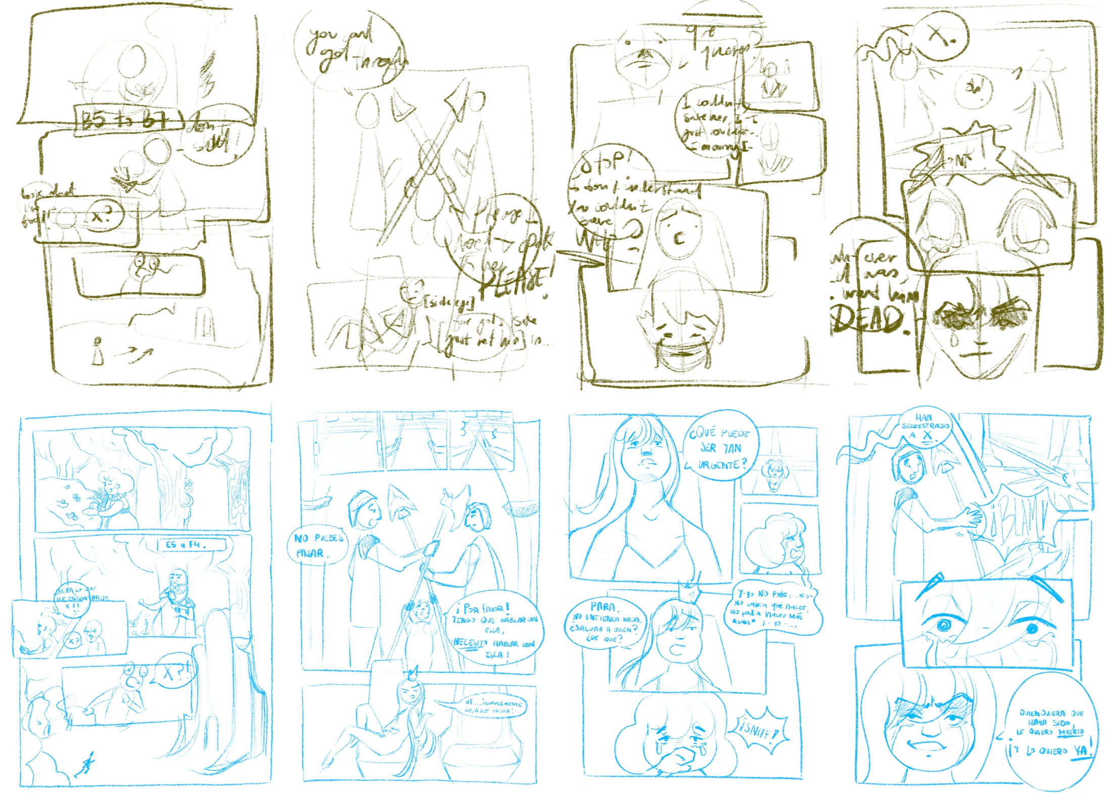 Bocetos y composicion de pagina del comic La partida inmortal, a lapiz y linea azul