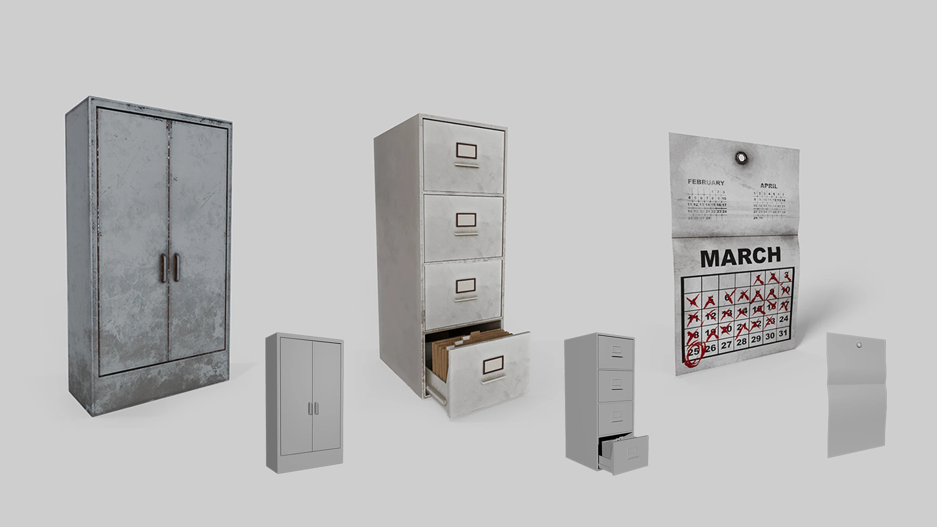 Modelado 3D de armarios, un archivador y un calendario para Contrapasso
