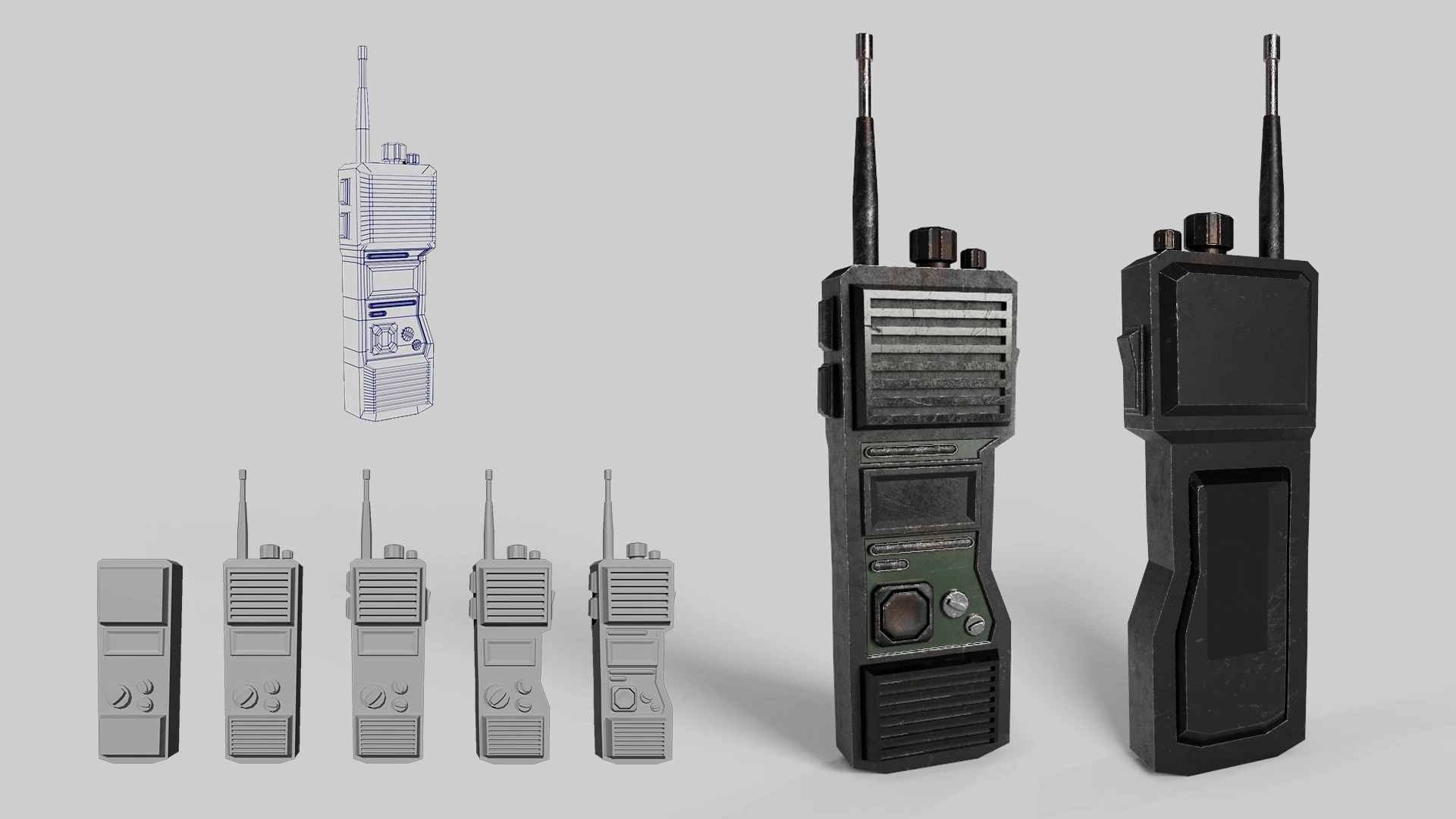 Modelado 3D de un walkie talkie para Contrapasso, vistas frontal y trasera