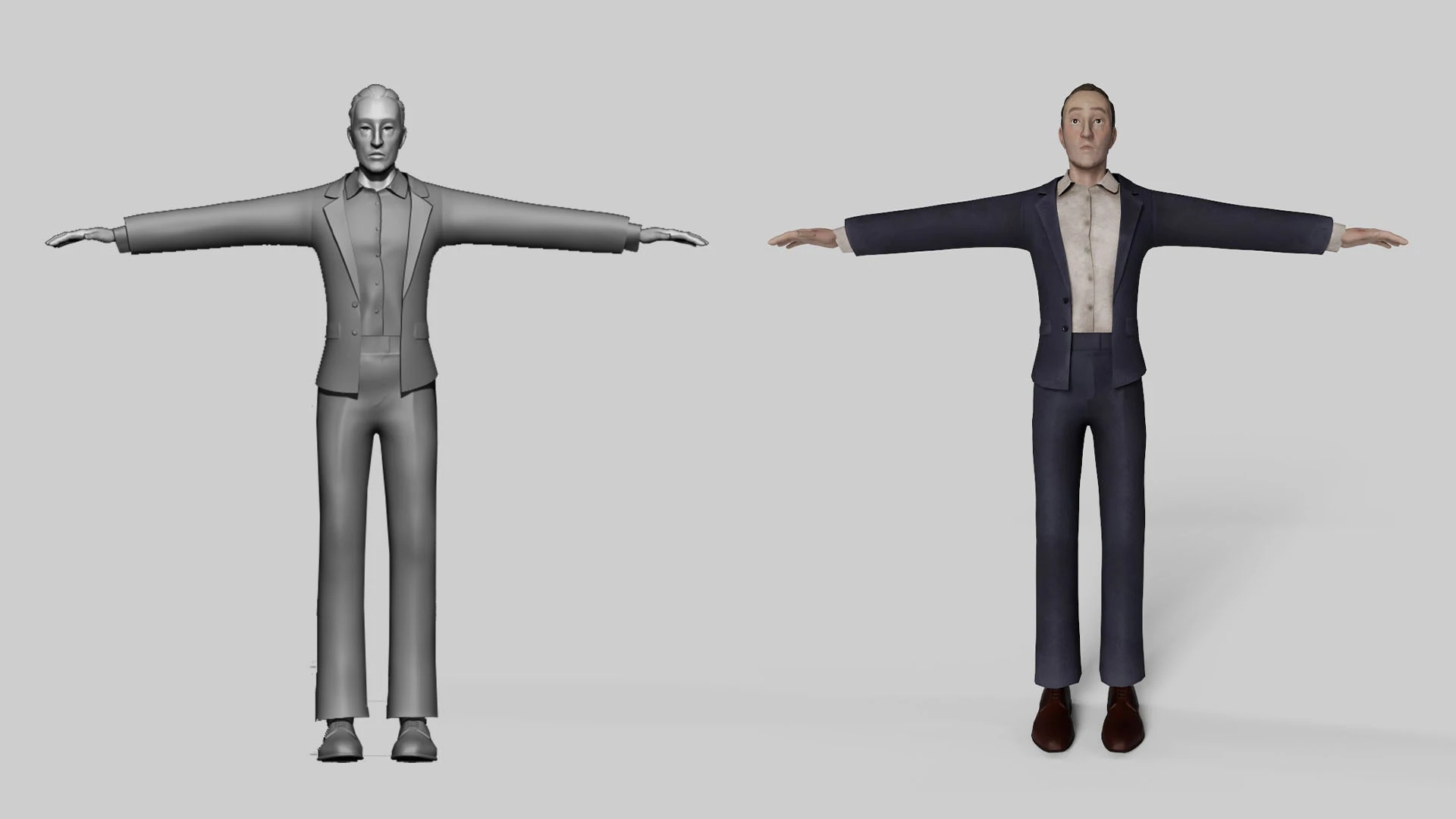 Modelado del detective de Contrapasso, comparativa entre la malla sin texturizar y la version final