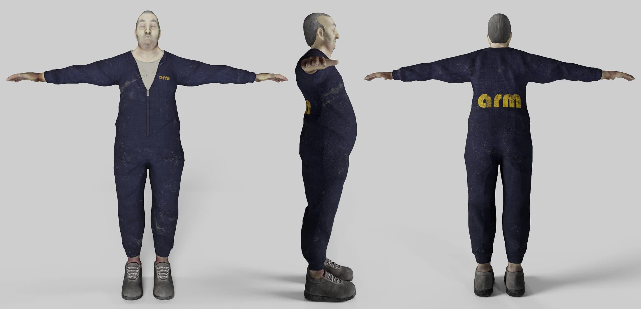 Modelado 3D texturizado de la victima de Contrapasso con mono de trabajo, en tres vistas