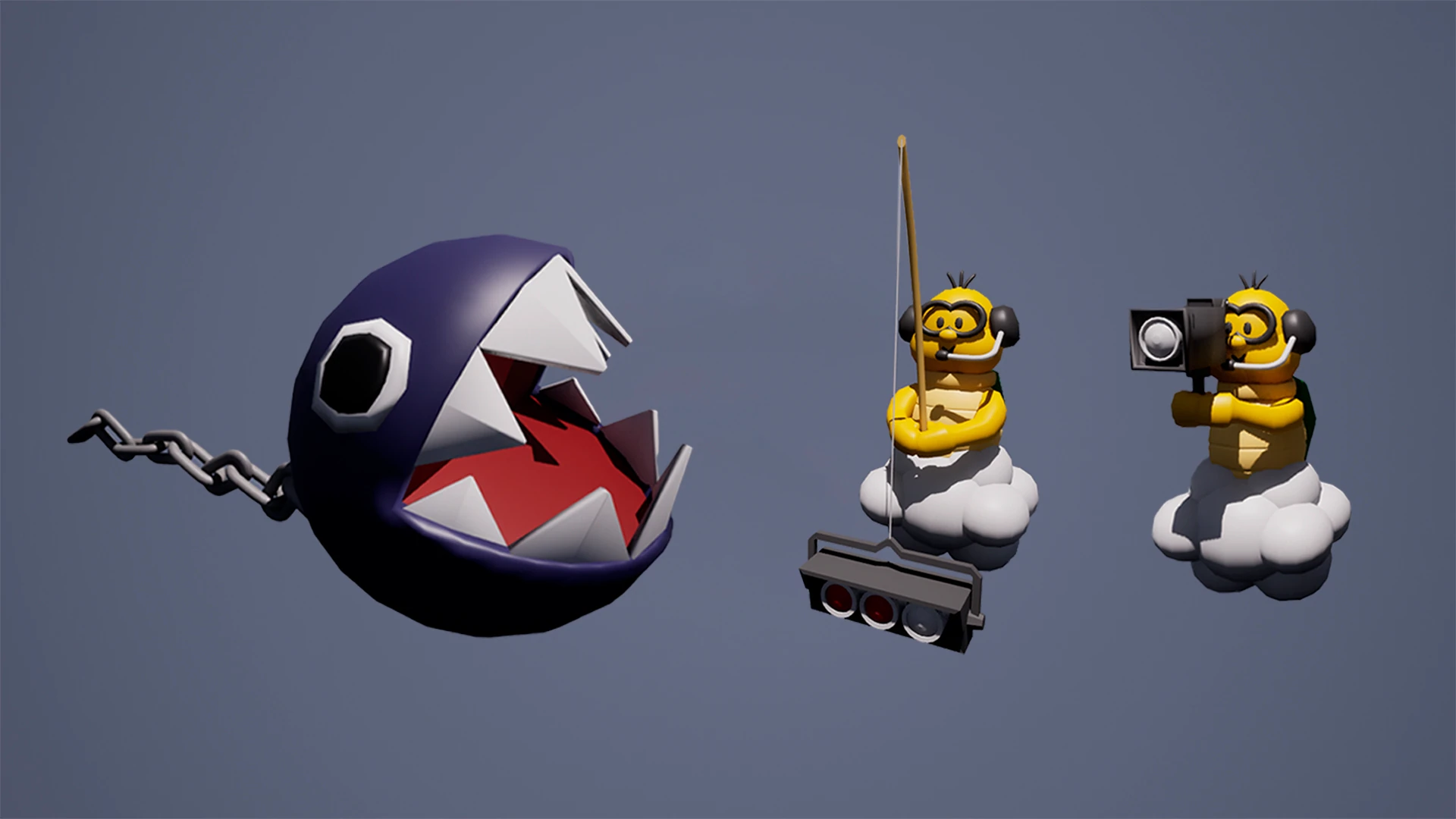Modelado 3D de un Chain Chomp y dos Lakitus, uno con cana de pescar y otro con camara