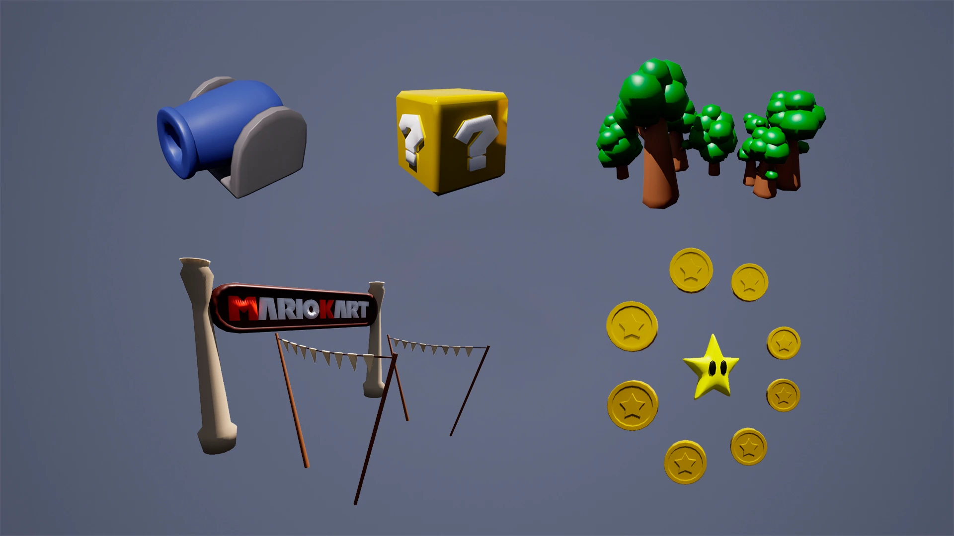 Props modelados para el nivel de Super Mario 64: canon, bloque de interrogacion, arboles, cartel de Mario Kart y monedas con estrella