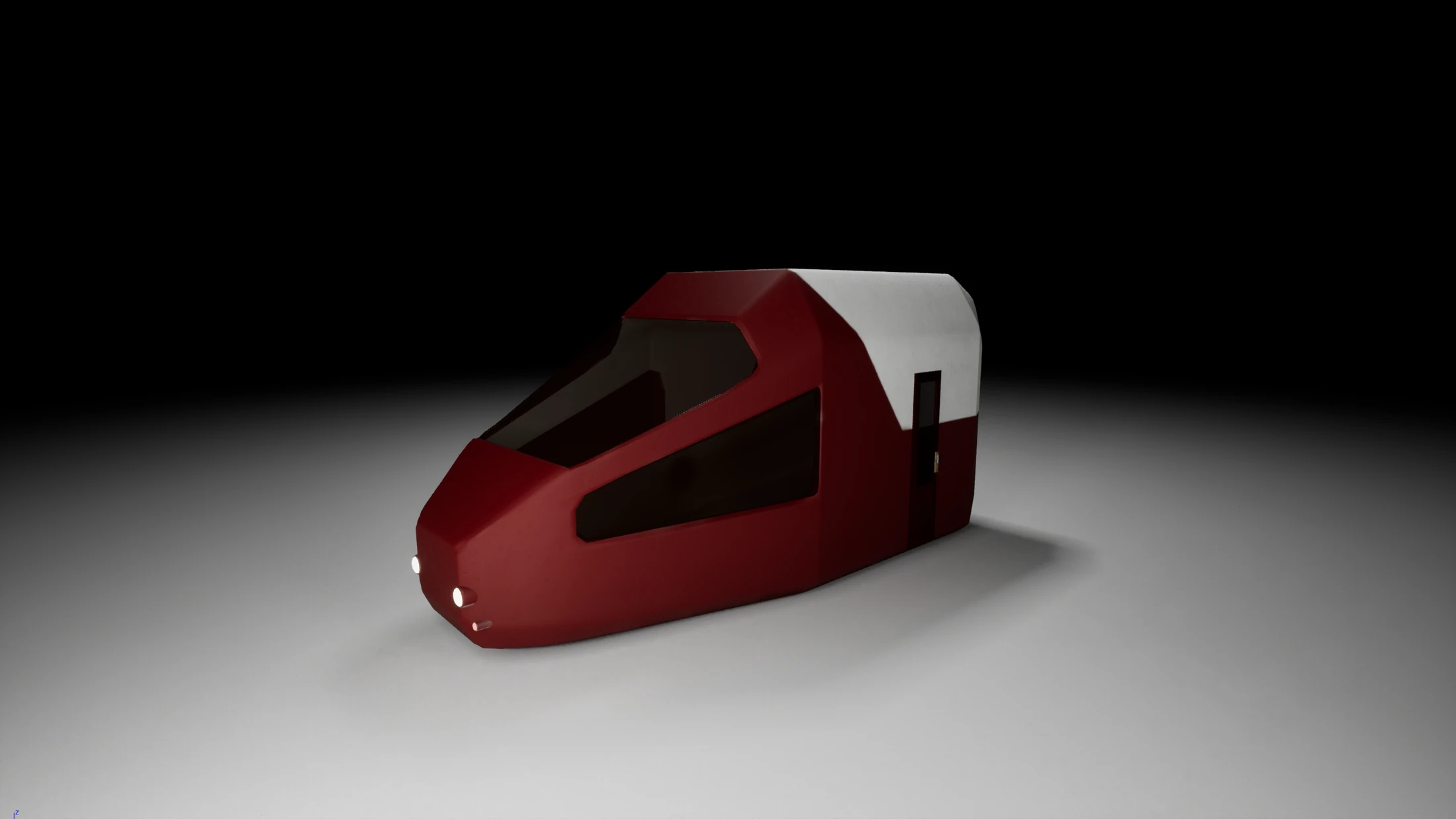 Modelado 3D de la parte frontal de un vagon de metro, en rojo y blanco