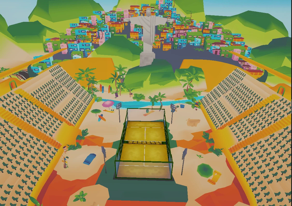 Pista de padel de Padel Pro World Tour ambientada en Brasil, con una favela y una playa al fondo