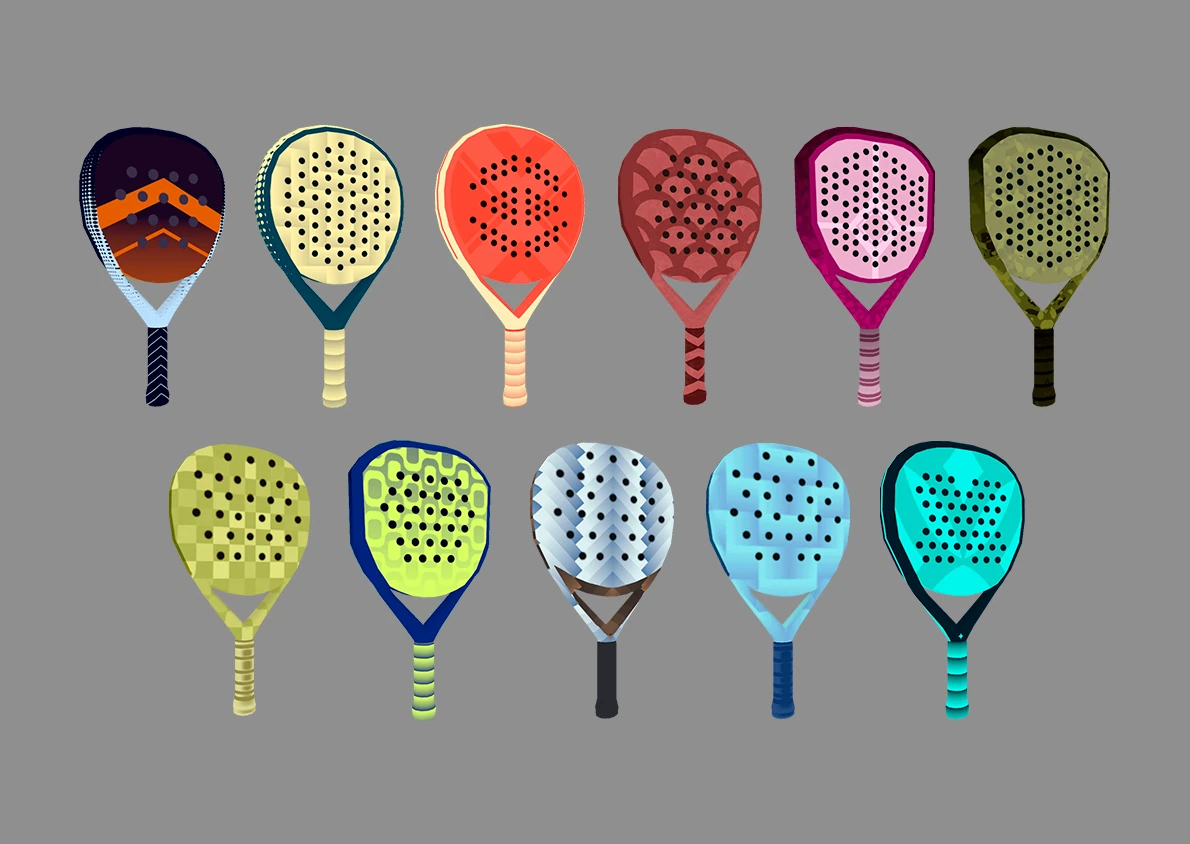 Modelado 3D de palas de padel con distintas variaciones de color para Padel Pro World Tour