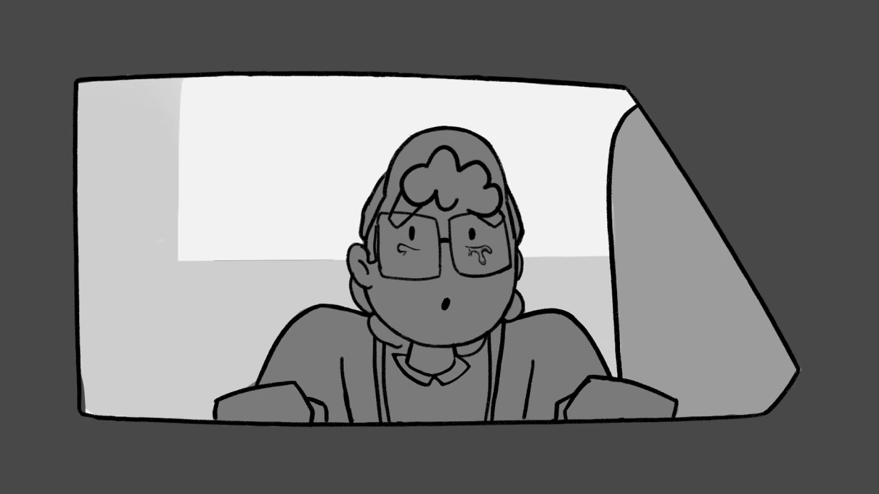 Fotograma en blanco y negro de la animatica: el nino mirando por la ventanilla del coche