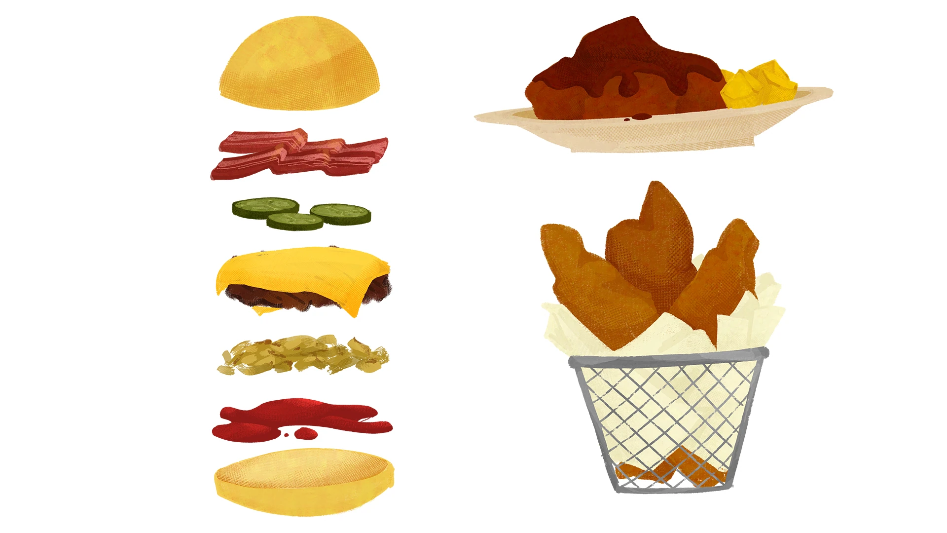 Ilustraciones del recetario: una hamburguesa despiezada, un plato de guiso y una cesta de nuggets