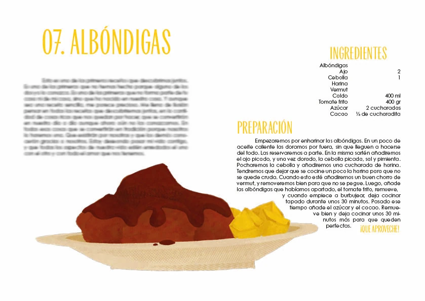 Pagina del recetario con la receta de albondigas ilustrada, con el texto censurado