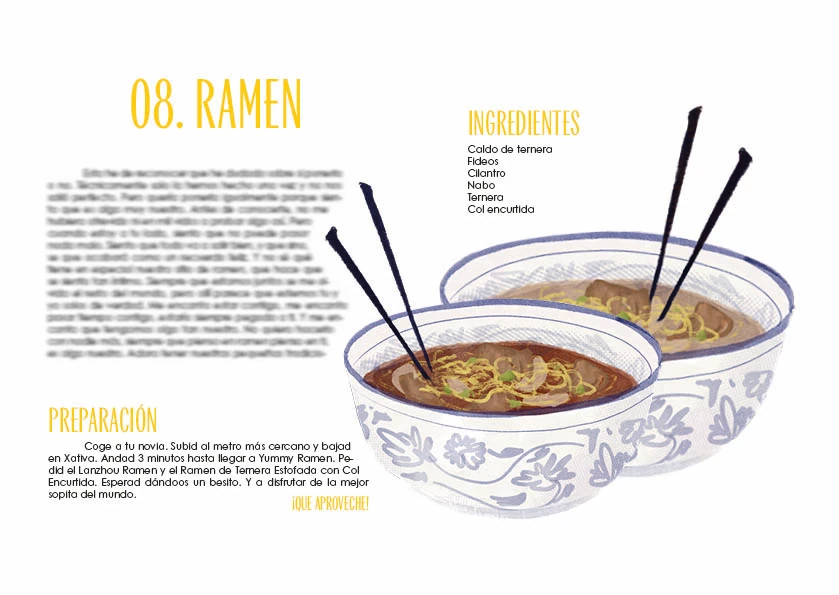Pagina del recetario con la receta de ramen ilustrada, con dos cuencos y palillos
