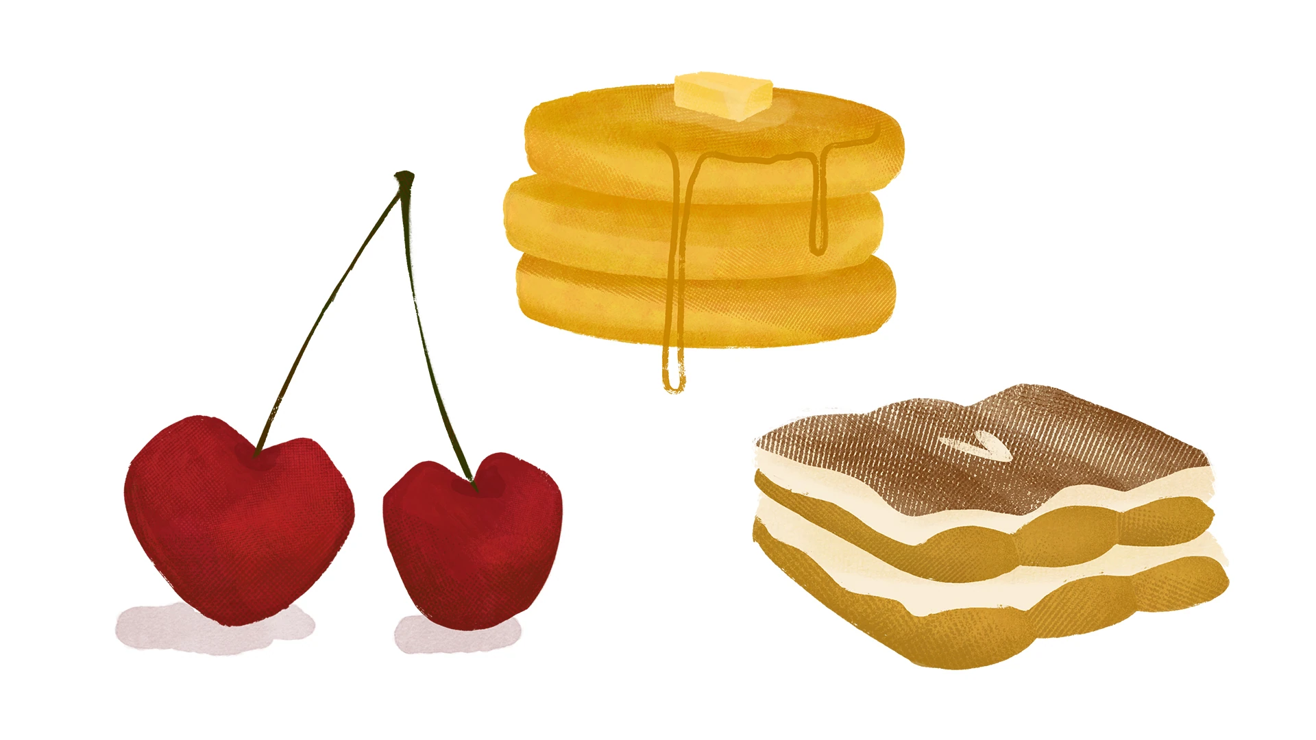 Ilustraciones de postres del recetario: cerezas, tortitas con mantequilla y un trozo de tarta
