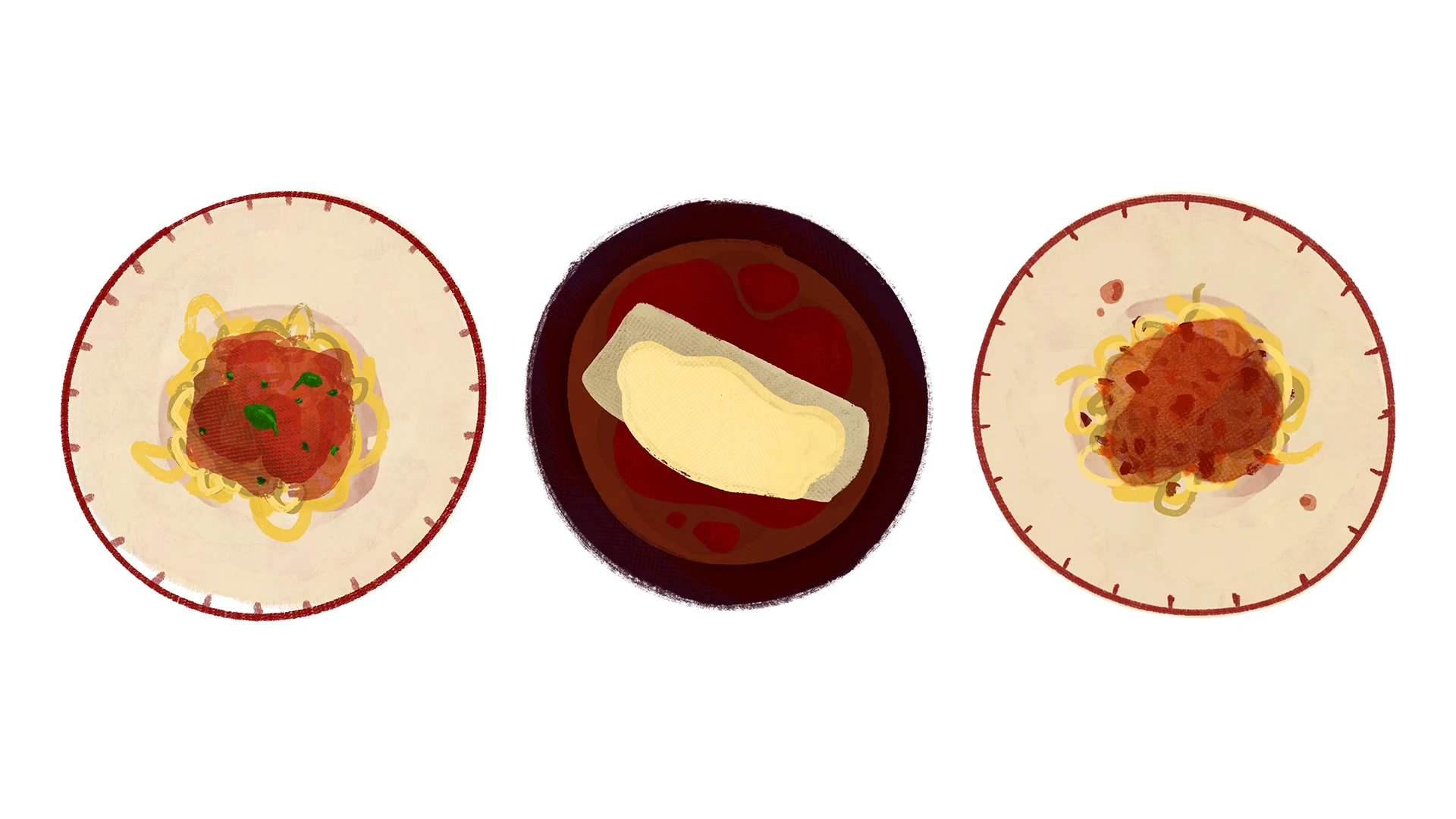 Ilustraciones de tres platos del recetario: espaguetis con tomate, un guiso y espaguetis con carne